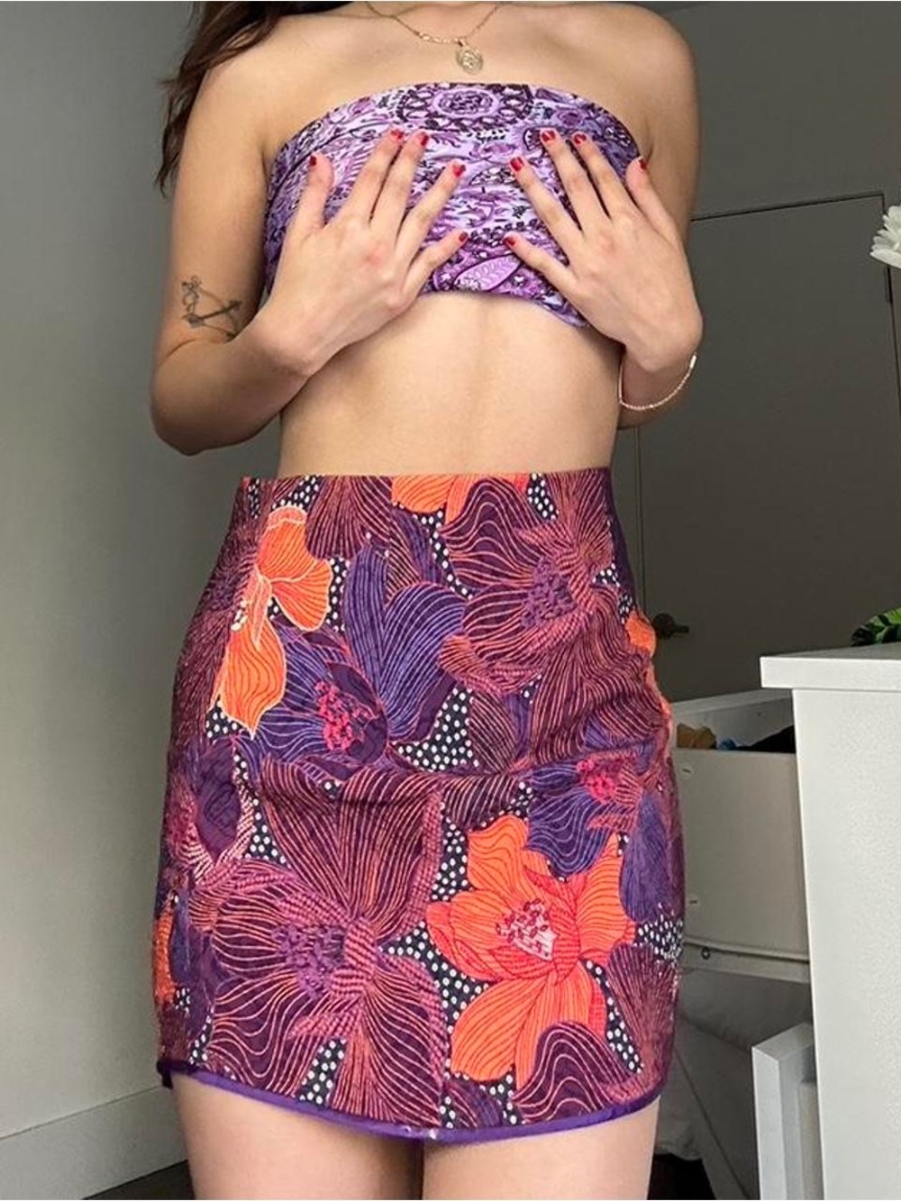 Zara Mini Skirt Floral Purple Orange Jacquard Medium M